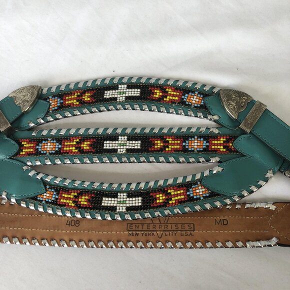 Enterprises Beaded Leather Belt Womens Medium Turquoise Western Buckle USA 408 - Picture 3 of 16